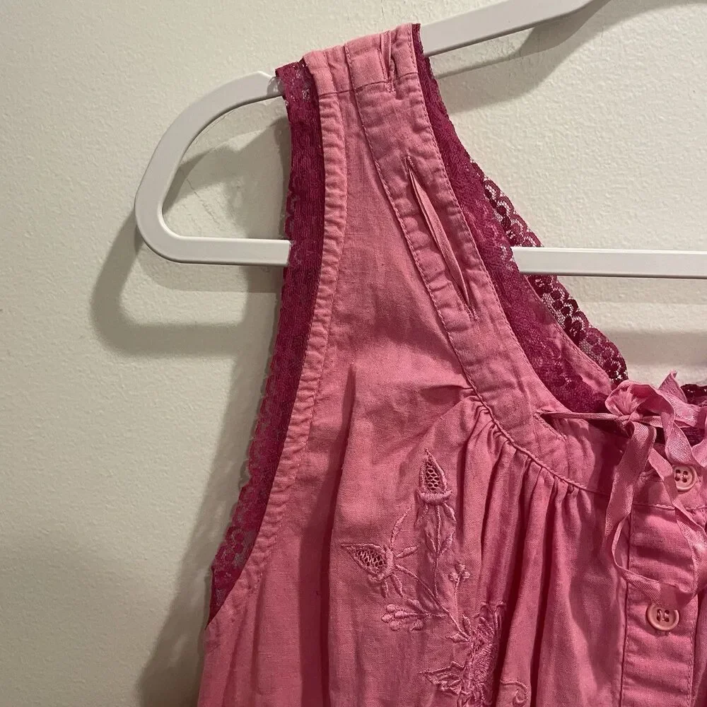 Vtg Pink Coquette Pink Lace Cotton Dress Lingerie Small Button Sweetheart Tiered - Picture 7 of 14